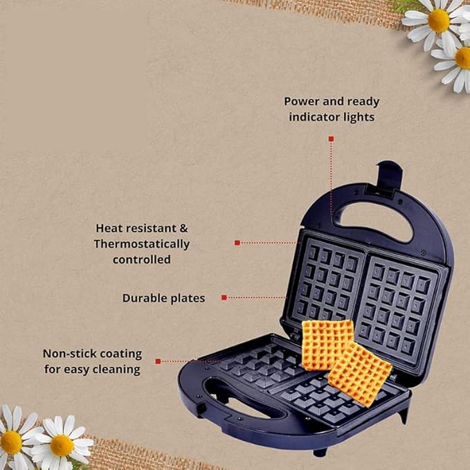 Lifelong Waffle Maker Machine for Home/750W Mini Waffle Cone Maker with Non Stick Coating and Cool Touch Handle/2 Belgian Waffles in Minutes(Black - LL105W)