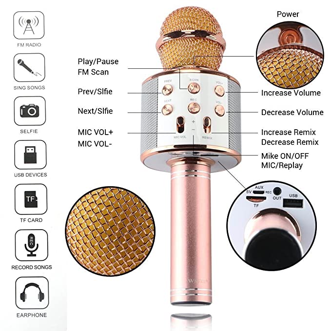 Advance Handheld Wireless Singing Mike Multi-Function Bluetooth Karaoke Mic with Microphone Speaker