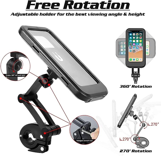 Premium Waterproof Bike Phone Holder 360° Rotation Motorcycle Waterproof Phone Case Universal Bicycle Handlebar Phone Mount with Sensitive Touch Screen for All Smartphone