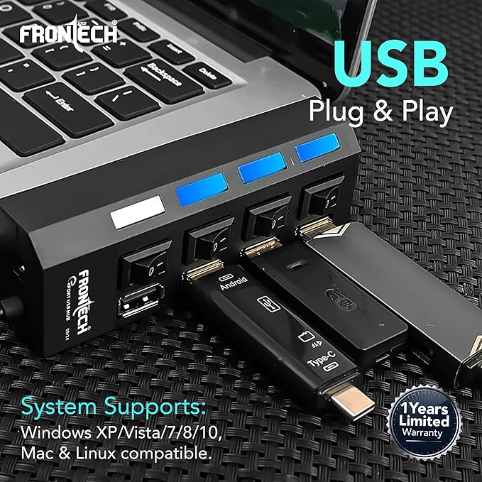 3.0 USB Hub with 4 Port | Switches & LED Indicators | Extra Power Support|480 Mbps Speed - Each Port|Fuse Protection for PC, USB Flash Drives (NC-0033, Black)
