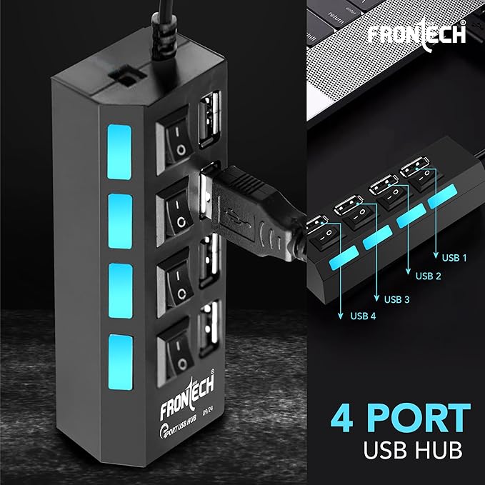 3.0 USB Hub with 4 Port | Switches & LED Indicators | Extra Power Support|480 Mbps Speed - Each Port|Fuse Protection for PC, USB Flash Drives (NC-0033, Black)