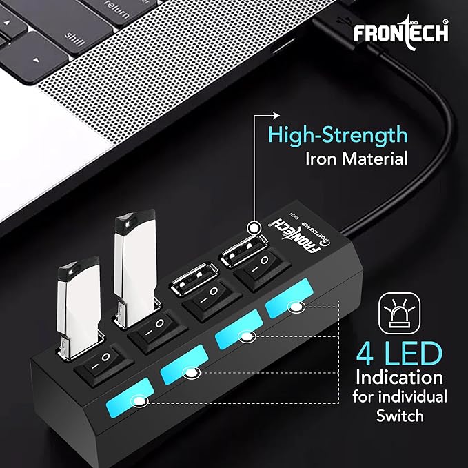 3.0 USB Hub with 4 Port | Switches & LED Indicators | Extra Power Support|480 Mbps Speed - Each Port|Fuse Protection for PC, USB Flash Drives (NC-0033, Black)