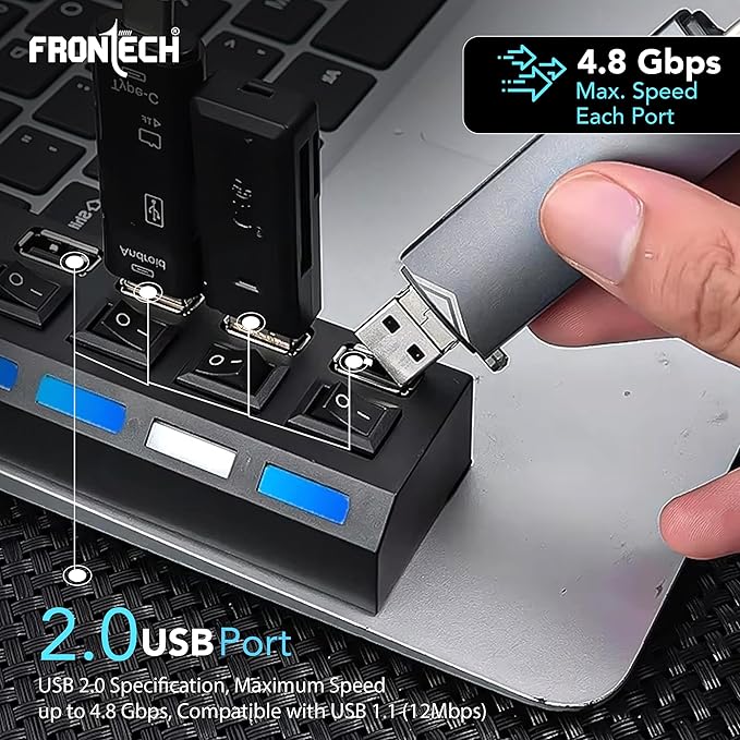 3.0 USB Hub with 4 Port | Switches & LED Indicators | Extra Power Support|480 Mbps Speed - Each Port|Fuse Protection for PC, USB Flash Drives (NC-0033, Black)
