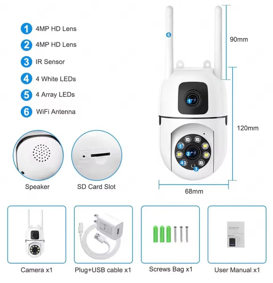 Dual Lens 5MP+5MP Smart WiFi PTZ Security Camera, 360° Rotation, Color Night Vision 20m, Motion Alerts, Two-Way Audio, App Remote Access, 128GB SD Support, Indoor Outdoor CCTV Surveillance Cam