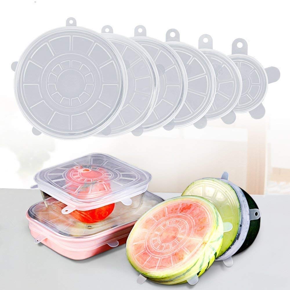 Set of 6 Reusable Safety Silicone Stretch Lids Dishwasher Microwave and Freezer Safe Lids Flexible Covers for Rectangle/ Round/ Square