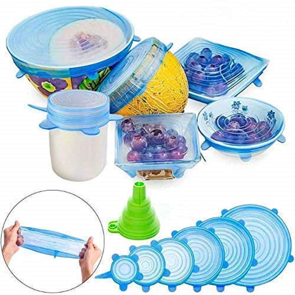 Set of 6 Reusable Safety Silicone Stretch Lids Dishwasher Microwave and Freezer Safe Lids Flexible Covers for Rectangle/ Round/ Square