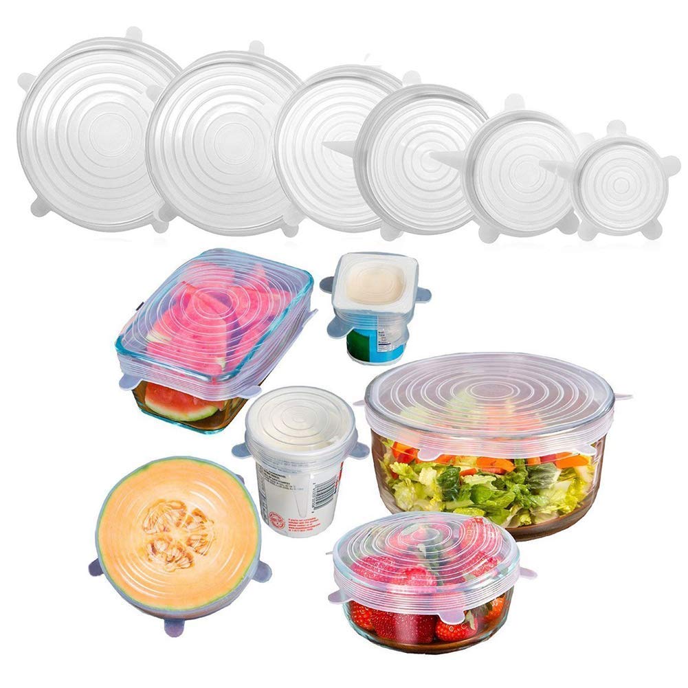 Set of 6 Reusable Safety Silicone Stretch Lids Dishwasher Microwave and Freezer Safe Lids Flexible Covers for Rectangle/ Round/ Square
