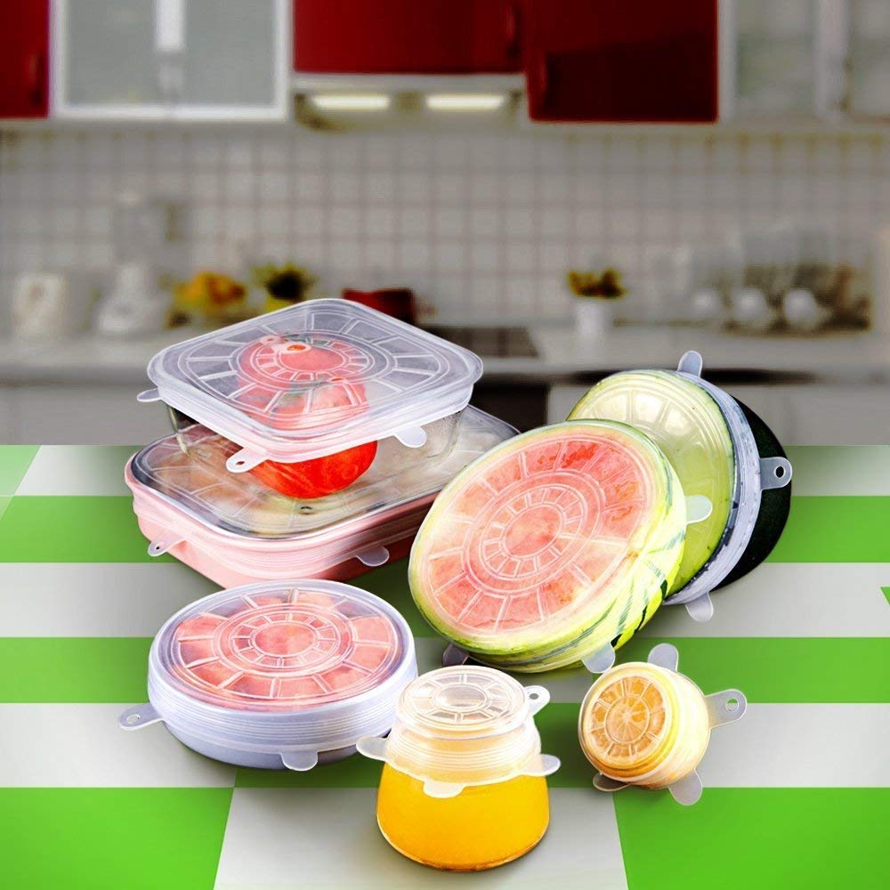 Set of 6 Reusable Safety Silicone Stretch Lids Dishwasher Microwave and Freezer Safe Lids Flexible Covers for Rectangle/ Round/ Square