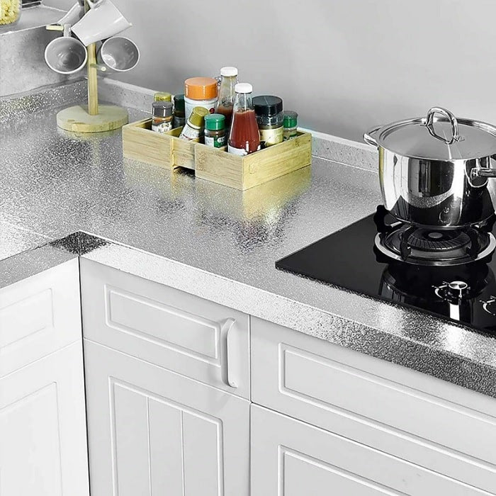 Silver Oil Proof Kitchen Wallpaper 300 cm x 60 cm