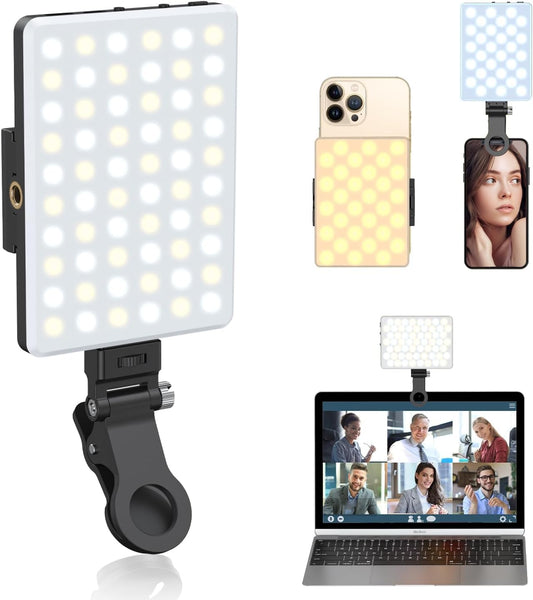 LED Portable Selfie Light Video Conference Lighting with Clip & Camera Tripod Adapter Rechargeable 2000mAh CRI 95+, 3 Light Modes for Phone iPhone Webcam Laptop Photo