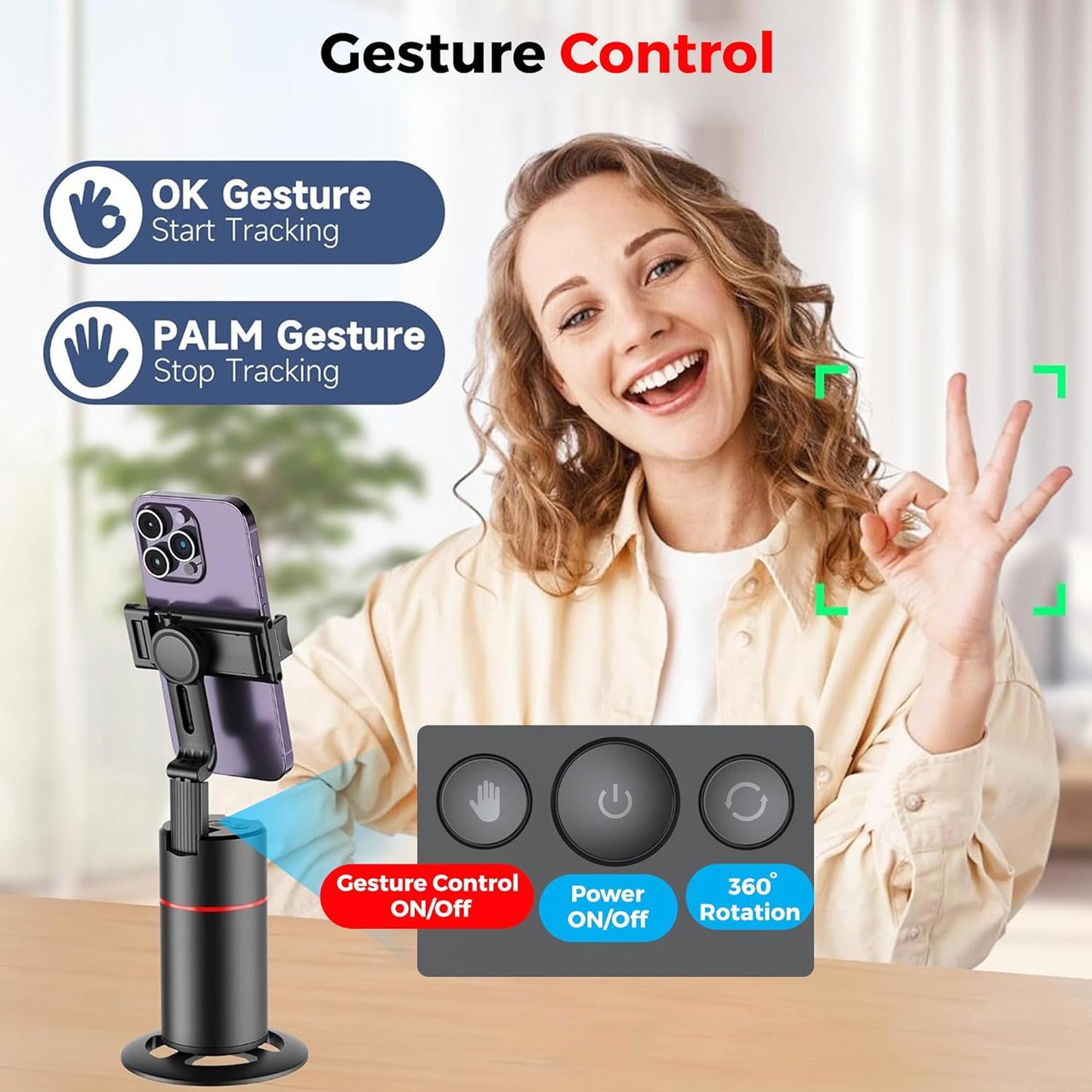 Auto Face Tracking Tripod,360° Rotation Mobile Holder for Smart Video&Photo Shooting with Remote,No App Needed,Gimbal Stabilizer with Gesture Control for Vlog,Streaming & Video Recording,Black