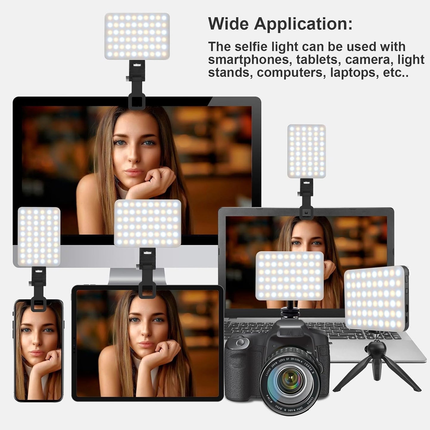 LED Portable Selfie Light Video Conference Lighting with Clip & Camera Tripod Adapter Rechargeable 2000mAh CRI 95+, 3 Light Modes for Phone iPhone Webcam Laptop Photo