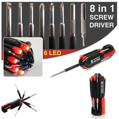 8in1 Screwdriver Set with 6 LED Lights, Portable Multifunctional 8-in-1 Screw Driver Tool Set Kit with Torch and Magnetic Heads for Mobile, Laptop Repairing & Household Work