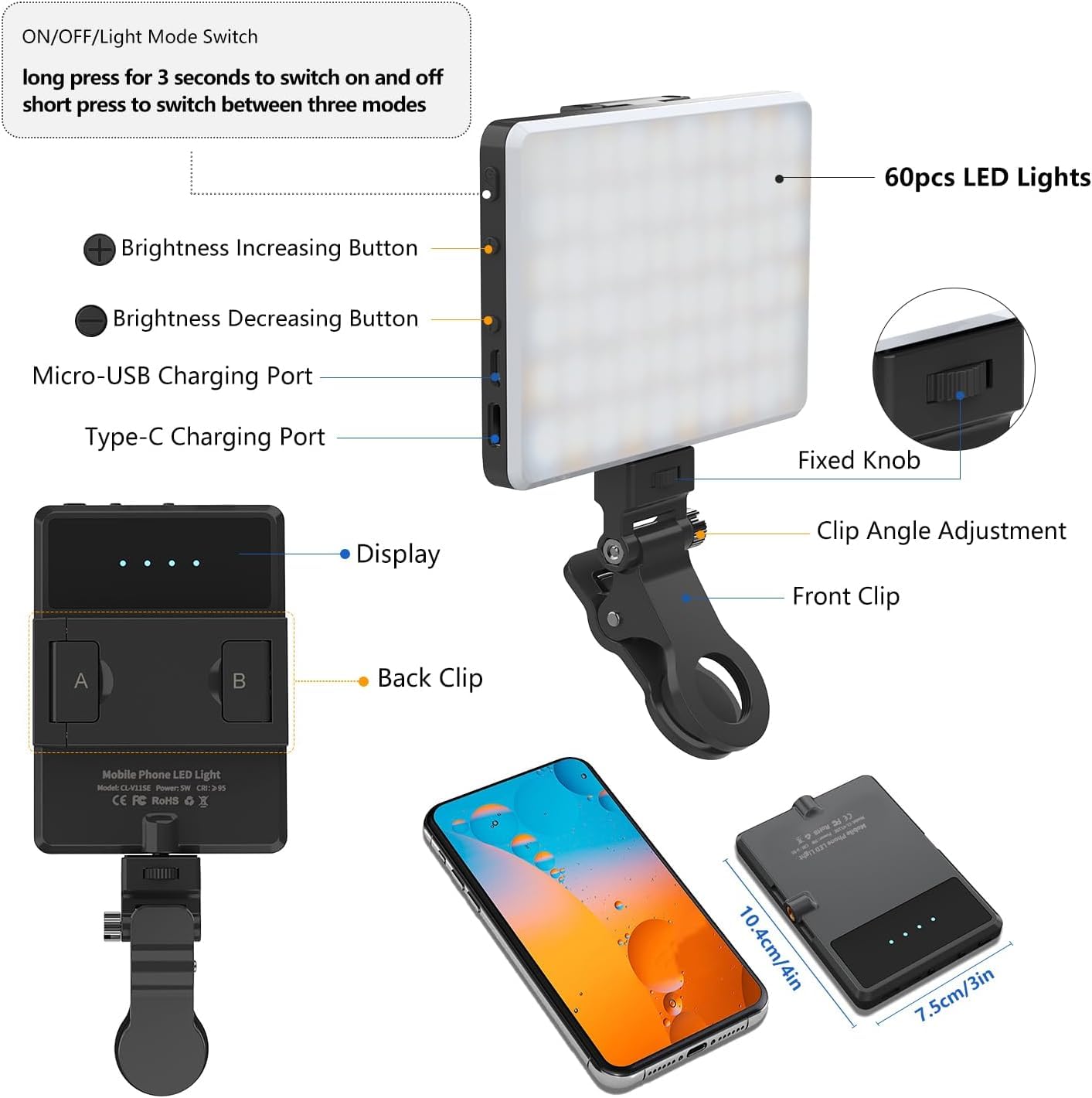LED Portable Selfie Light Video Conference Lighting with Clip & Camera Tripod Adapter Rechargeable 2000mAh CRI 95+, 3 Light Modes for Phone iPhone Webcam Laptop Photo