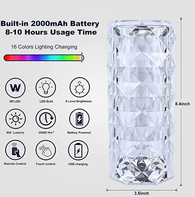 Rose Diamond Table Lamp USB Rechargeable Touch Bedside Lamp Night Light with Remote Control