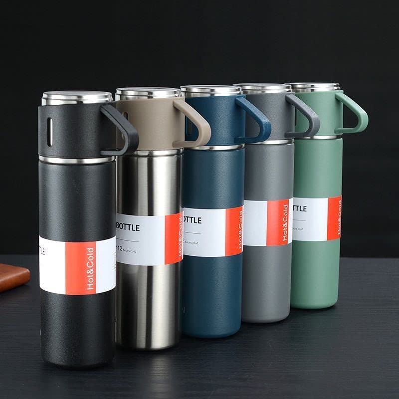 Steel Vacuum Flask Set with 3 Stainless Steel Cups Combo - 500ml
