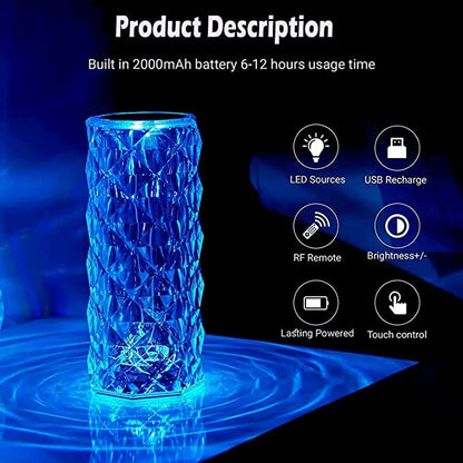 Rose Diamond Table Lamp USB Rechargeable Touch Bedside Lamp Night Light with Remote Control
