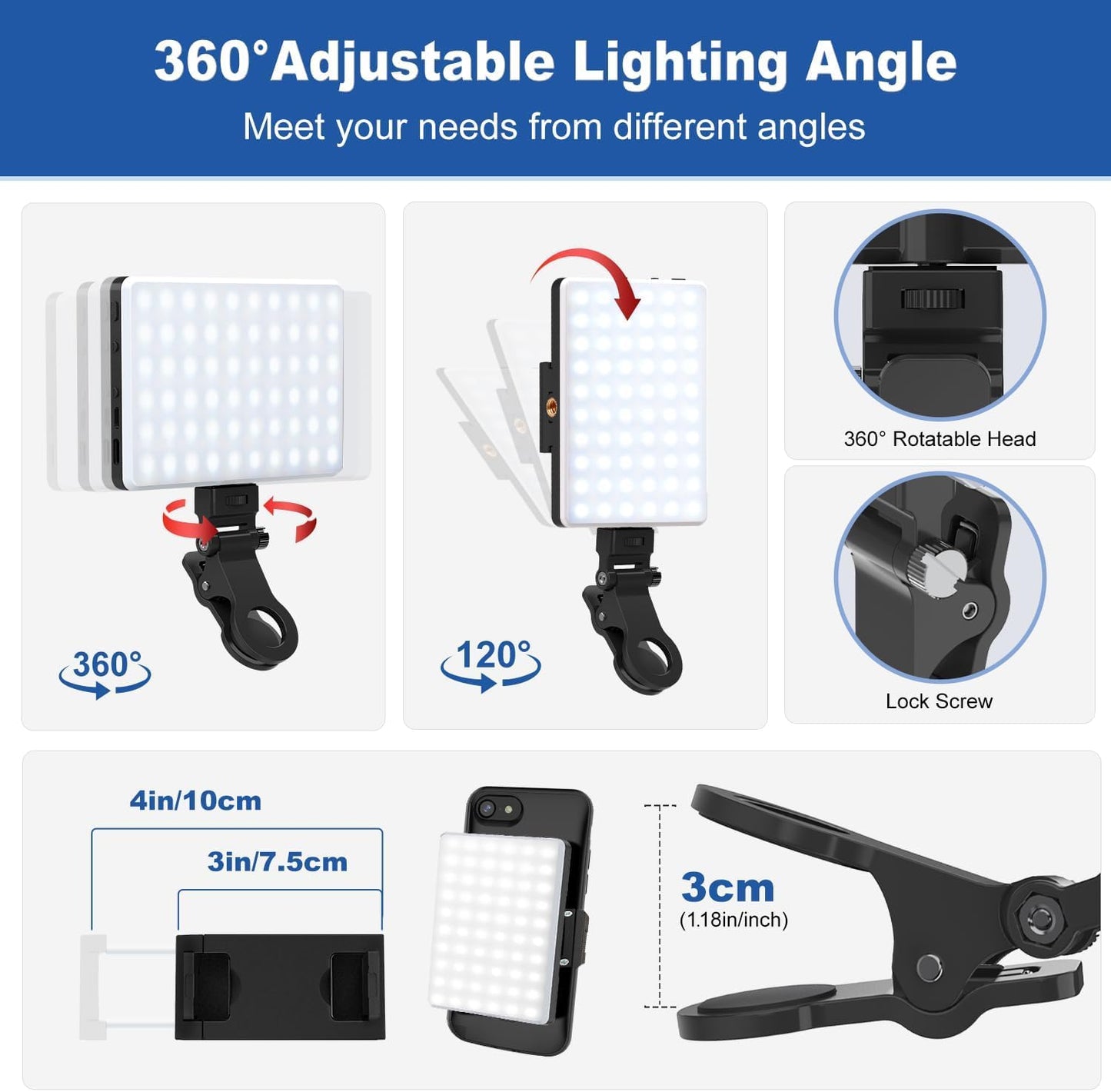 LED Portable Selfie Light Video Conference Lighting with Clip & Camera Tripod Adapter Rechargeable 2000mAh CRI 95+, 3 Light Modes for Phone iPhone Webcam Laptop Photo