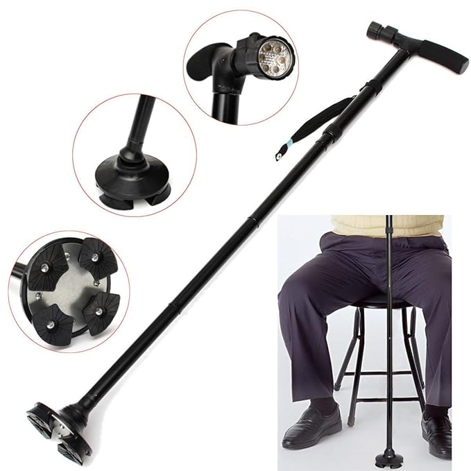 Trusty Cane Adjustable Walking Stick with LED Light for Old Men, Women (Black)