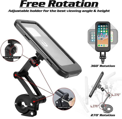 Premium Waterproof Bike Phone Holder 360° Rotation Motorcycle Waterproof Phone Case Universal Bicycle Handlebar Phone Mount with Sensitive Touch Screen for All Smartphone