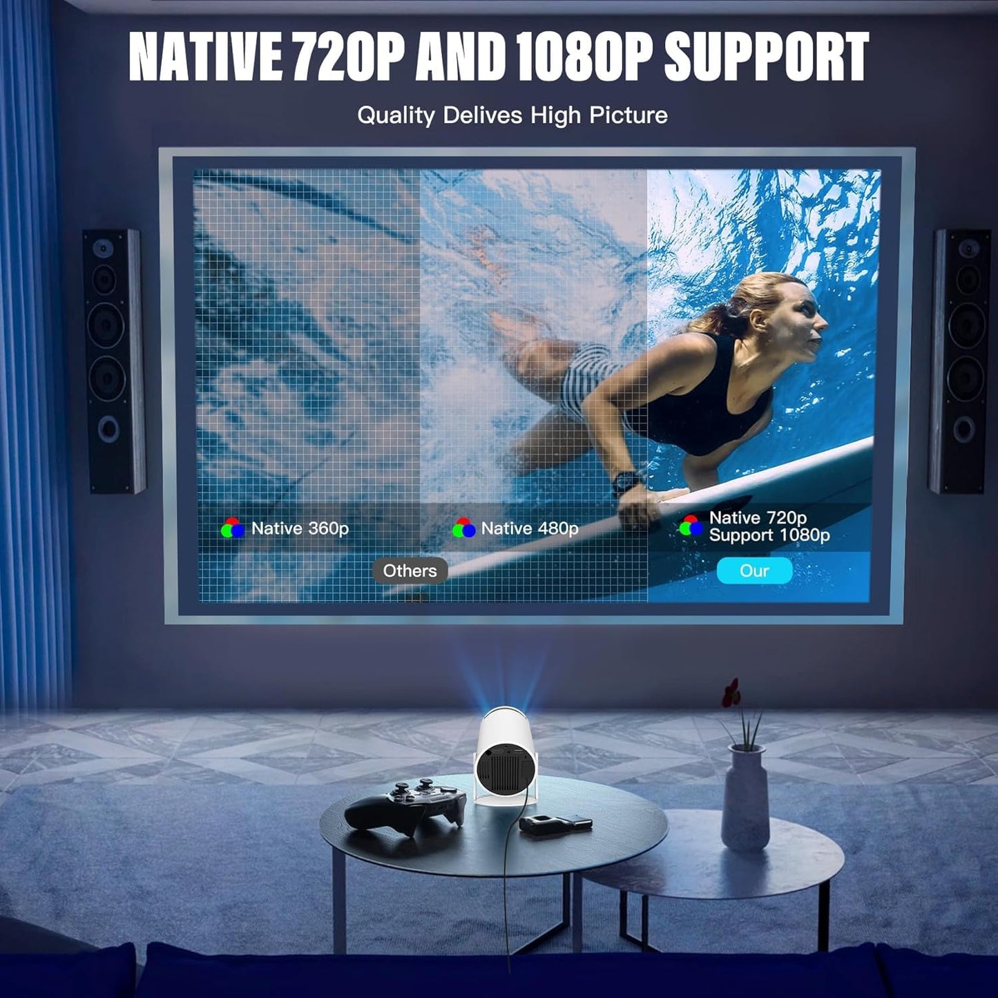 Home 4K & 1080p Support, 270° Rotatable Projector 4000L Android 11 WiFi Bluetooth YouTube PrimeVideo Hotstar Netflix Apps, 720p Native, 150" Max Display