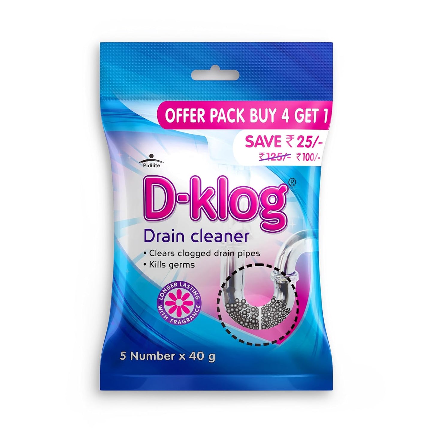 6 Piece of D-Klog Drain Cleaner Powder (40g x 5 Units), Removes Clogs, Blockages in Washbasin, Septic Tank, Sinks, Pipes within 30 mins.Drain expert