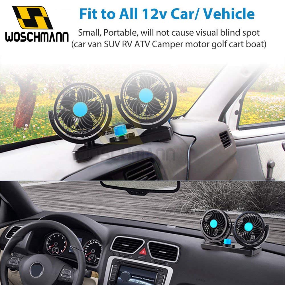 Mitchell 12V DC Electric Car Fan for Dashboard, Double Head Cooling Electric Fan, 360 Degree Rotatable Small Fan for Car with 2 Speed Control, ABS Plastic, Dashboard Fan