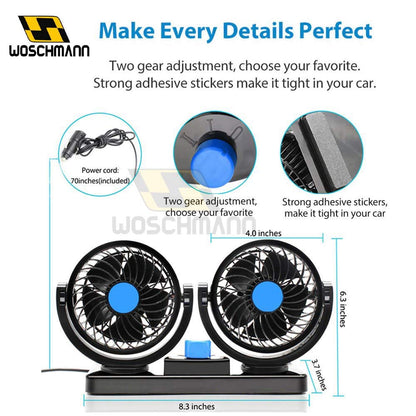 Mitchell 12V DC Electric Car Fan for Dashboard, Double Head Cooling Electric Fan, 360 Degree Rotatable Small Fan for Car with 2 Speed Control, ABS Plastic, Dashboard Fan