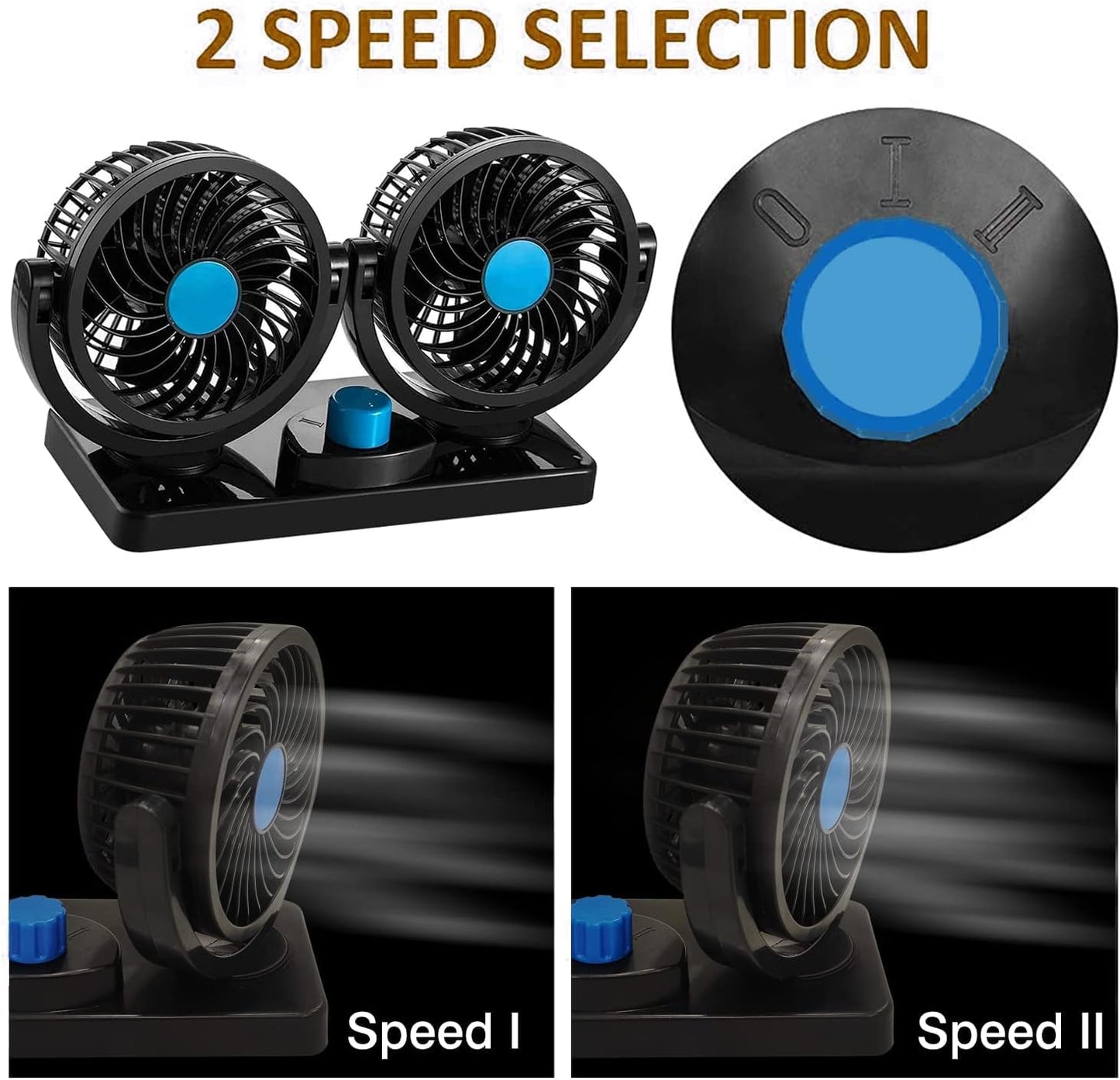 Mitchell 12V DC Electric Car Fan for Dashboard, Double Head Cooling Electric Fan, 360 Degree Rotatable Small Fan for Car with 2 Speed Control, ABS Plastic, Dashboard Fan