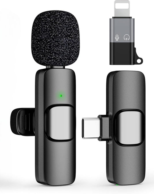 K8 Wireless Collar Microphone for All iPhone, iPad, Mac Lightning & Type C Devices with On Recording Mobile Charging Port | Just Plug and Play | NO APP or Bluetooth Need Portable - Black