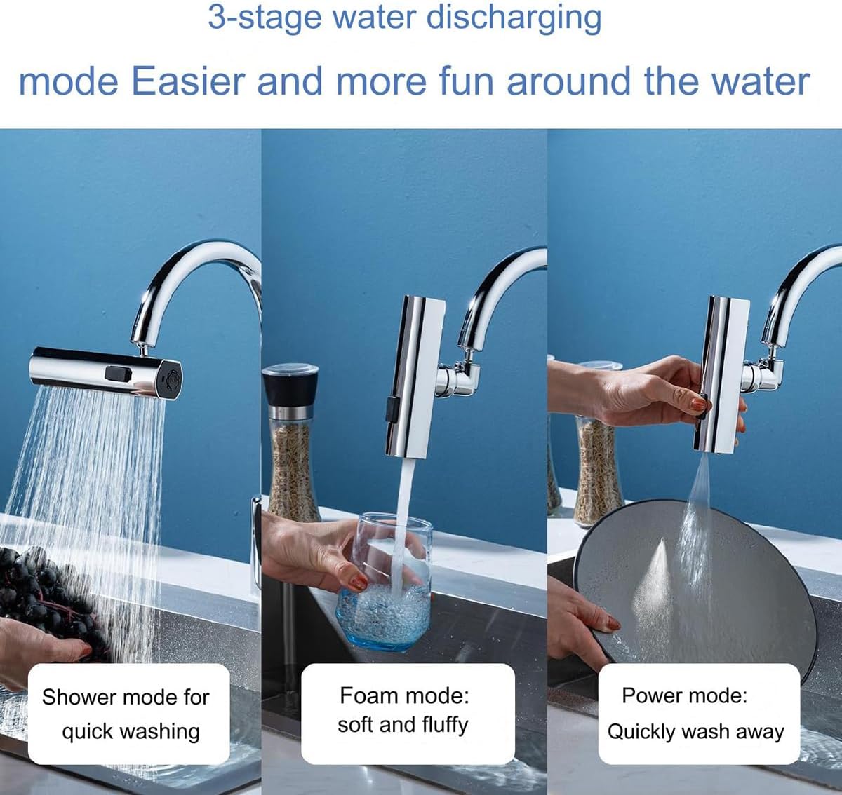Faucet Shower, Water Saving, Sprayer, Foam, 360 Degree Rotation, Neck Tip, Pressure Increasing Shower Faucet, 3 Types of Water Flow Switching, Rainfall Type Shower, Pure Copper Plating, Shockproof,