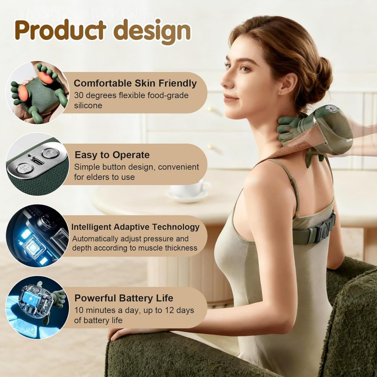 Heated Massager, Wireless Portable Neck and Back Massager, Electric Deep Tissue 4D Kneading Massage, Simulated Human Hand Design for Pain Relief and Muscle Relax