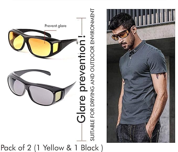HD Vision Day & Night Unisex Goggles Polarized Sunglasses Men And Women 100% UV Protection Driving All Bikes and Car Anti-Glare Glasses Combo Pack of 2 (Yellow And Black, Large Size)