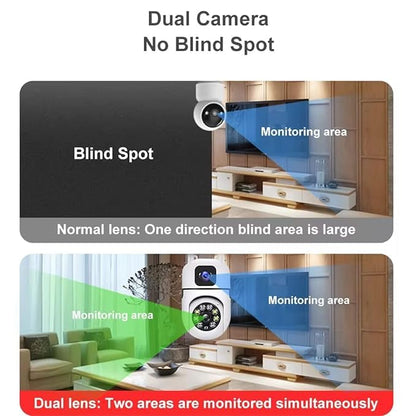 Dual Lens 5MP+5MP Smart WiFi PTZ Security Camera, 360° Rotation, Color Night Vision 20m, Motion Alerts, Two-Way Audio, App Remote Access, 128GB SD Support, Indoor Outdoor CCTV Surveillance Cam
