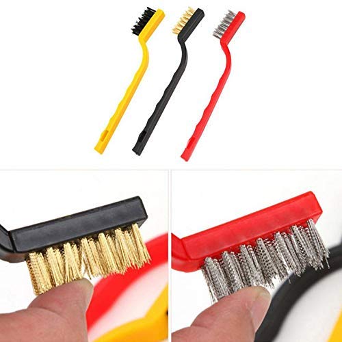 Set of 3 Pc Mini Wire Brush Cleaning Tool Kit Brass, Nylon, Stainless Steel Bristles, Gas Cleaning Brushes Iron Nylon Copper Wire for Car Kitchen Gas Stove Cleaning Tool