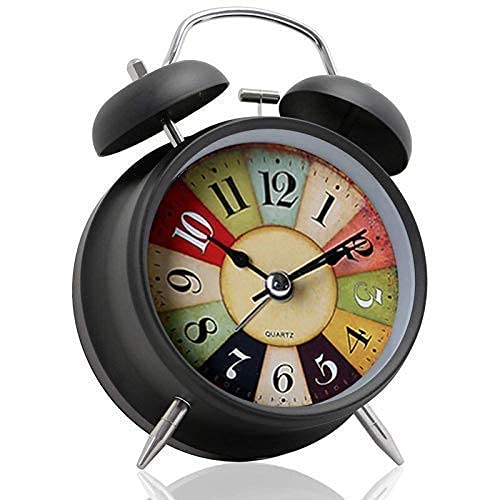 Metal Rainbow Glitter Vintage , Backlight, Battery Operated Loud Twin Bell Alarm Clock (Black, 4 inches)