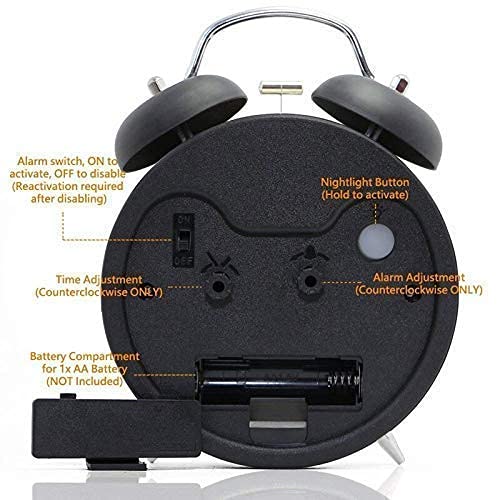 Metal Rainbow Glitter Vintage , Backlight, Battery Operated Loud Twin Bell Alarm Clock (Black, 4 inches)