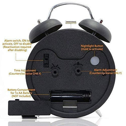 Metal Rainbow Glitter Vintage , Backlight, Battery Operated Loud Twin Bell Alarm Clock (Black, 4 inches)