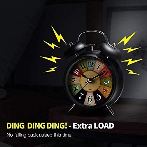 Metal Rainbow Glitter Vintage , Backlight, Battery Operated Loud Twin Bell Alarm Clock (Black, 4 inches)