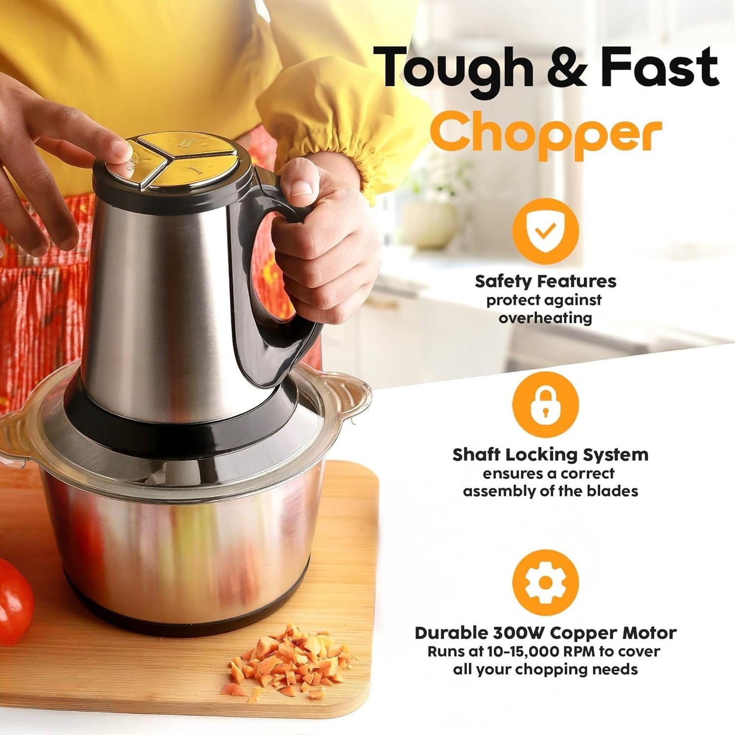 Electric Chopper for Kitchen Use with 3 Attachments, 2 Litre Stainless Steel Meat Mincer, 300W Vegetable Cutter Machine with Garlic Peeler and Egg Whisker, Carrot Grater for Busy Moms.