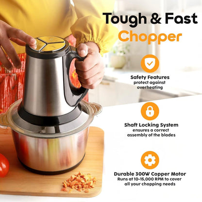 Electric Chopper for Kitchen Use with 3 Attachments, 2 Litre Stainless Steel Meat Mincer, 300W Vegetable Cutter Machine with Garlic Peeler and Egg Whisker, Carrot Grater for Busy Moms.