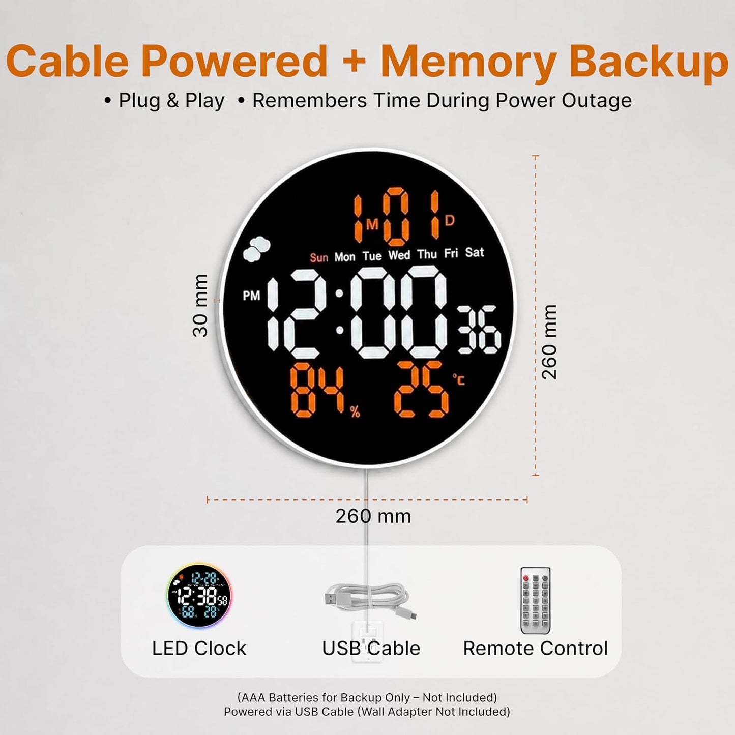 10.2" Large LED Digital Wall Clock with Remote Control, Auto Dimming, Temperature & Humidity Display, 12/24H, Desktop & Wall Mounted, Cable Operated, Digital Clock for Home, Office & Bedroom.