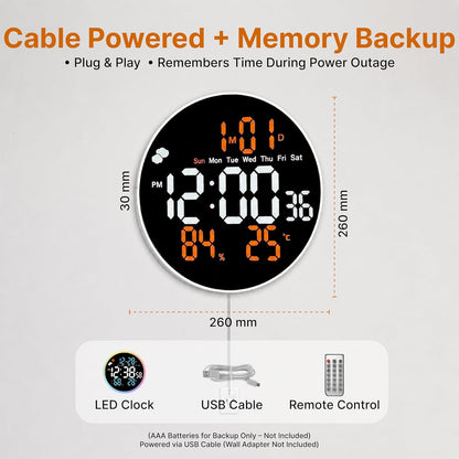 10.2" Large LED Digital Wall Clock with Remote Control, Auto Dimming, Temperature & Humidity Display, 12/24H, Desktop & Wall Mounted, Cable Operated, Digital Clock for Home, Office & Bedroom.