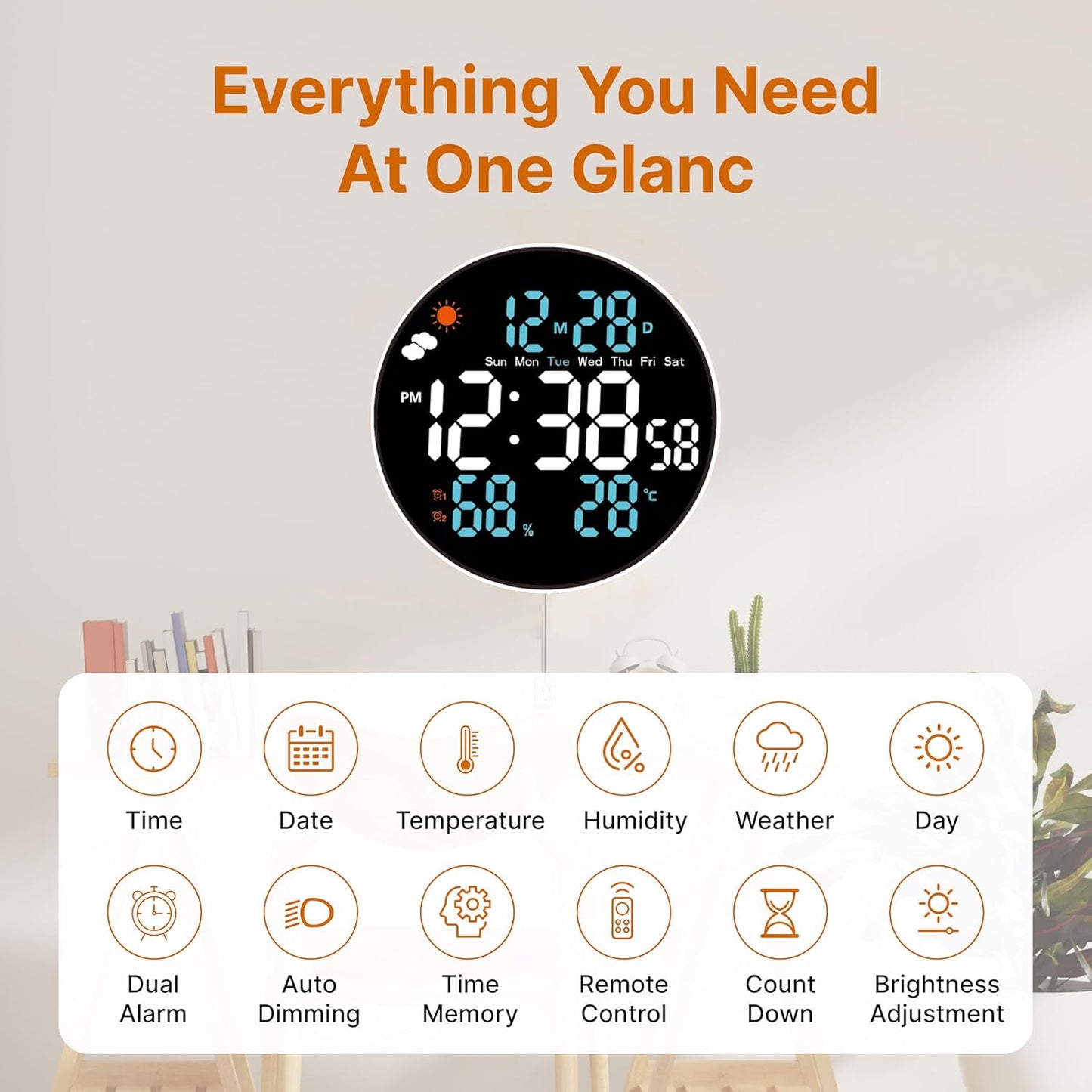10.2" Large LED Digital Wall Clock with Remote Control, Auto Dimming, Temperature & Humidity Display, 12/24H, Desktop & Wall Mounted, Cable Operated, Digital Clock for Home, Office & Bedroom.