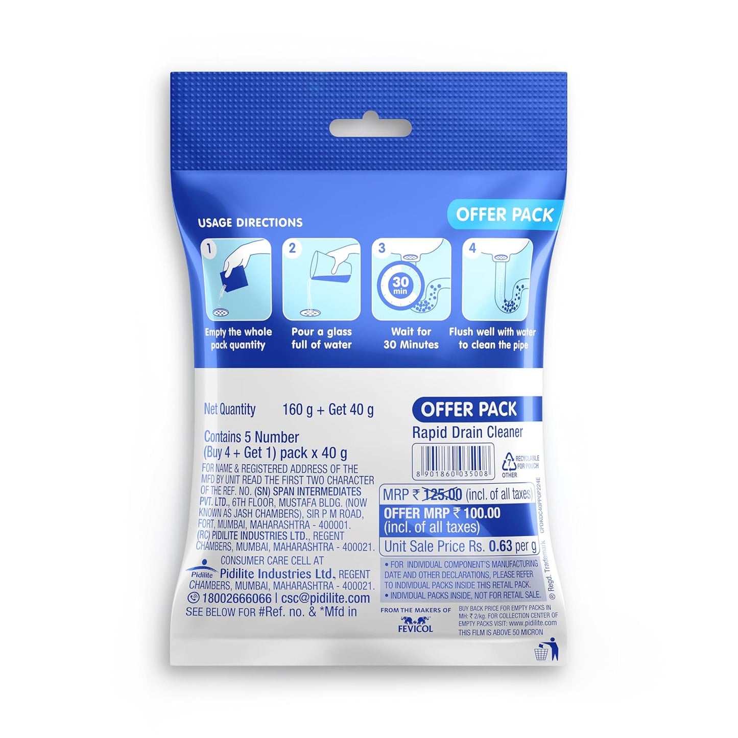 6 Piece of D-Klog Drain Cleaner Powder (40g x 5 Units), Removes Clogs, Blockages in Washbasin, Septic Tank, Sinks, Pipes within 30 mins.Drain expert