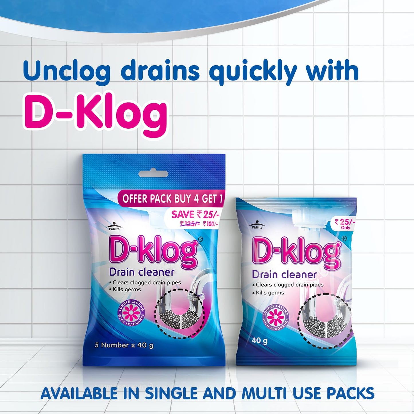6 Piece of D-Klog Drain Cleaner Powder (40g x 5 Units), Removes Clogs, Blockages in Washbasin, Septic Tank, Sinks, Pipes within 30 mins.Drain expert
