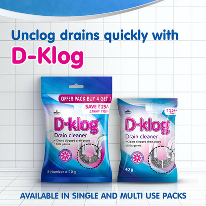 6 Piece of D-Klog Drain Cleaner Powder (40g x 5 Units), Removes Clogs, Blockages in Washbasin, Septic Tank, Sinks, Pipes within 30 mins.Drain expert