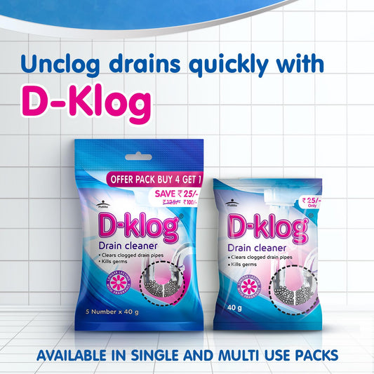 6 Piece of D-Klog Drain Cleaner Powder (40g x 5 Units), Removes Clogs, Blockages in Washbasin, Septic Tank, Sinks, Pipes within 30 mins.Drain expert