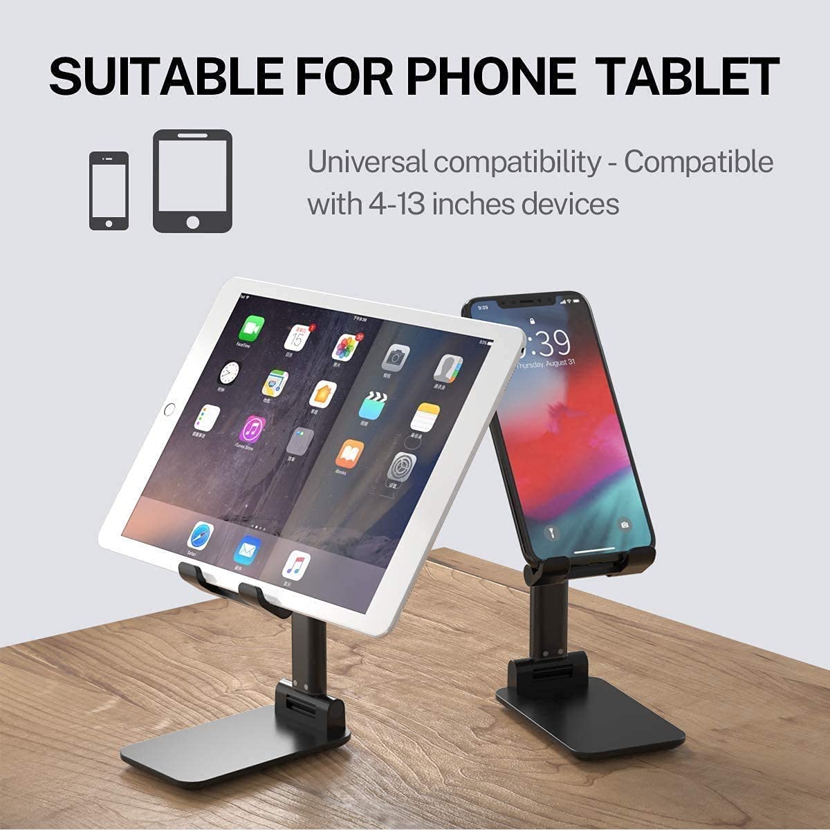 Adjustable and Foldable Desktop Phone Holder Stand for Phones Compatible with All Mobile Phone/iPad/Tablets for Desk, Bed, Table, Office, Video Recording, Home & Online Classes - (Black)