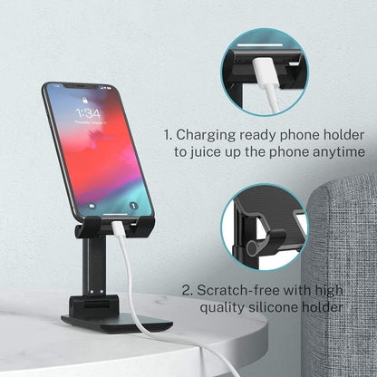 Adjustable and Foldable Desktop Phone Holder Stand for Phones Compatible with All Mobile Phone/iPad/Tablets for Desk, Bed, Table, Office, Video Recording, Home & Online Classes - (Black)